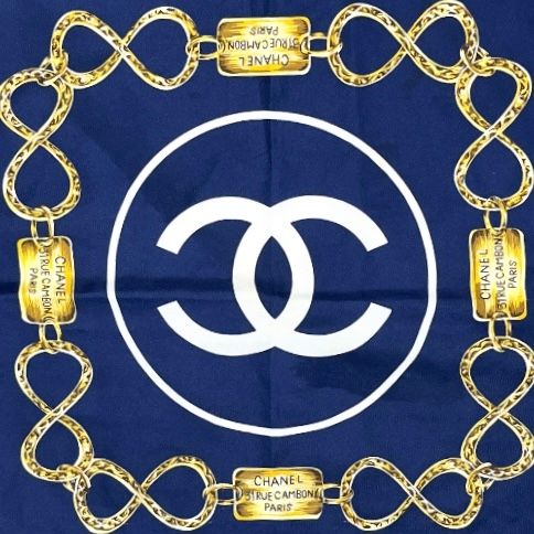 Chanel Scarf Navy Chain-patterned Silk Navy