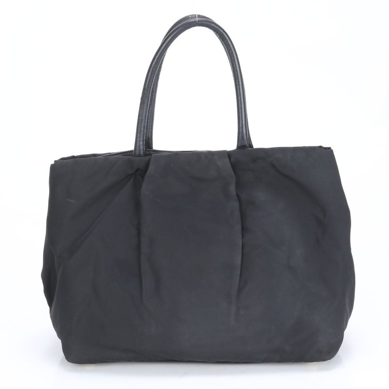 Prada Tessuto Nylon Ribbon Design Leather Tote Bag Shoulder Hand Black Women