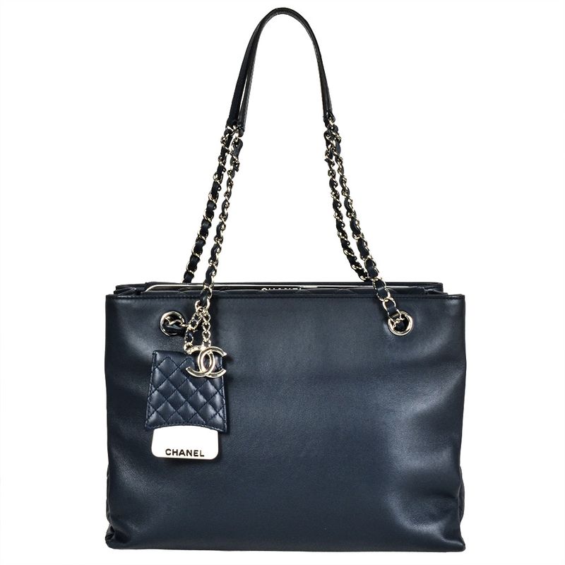 Chanel Matelasse Chain Tote Leather Navy Silver Hardware Coco Charm