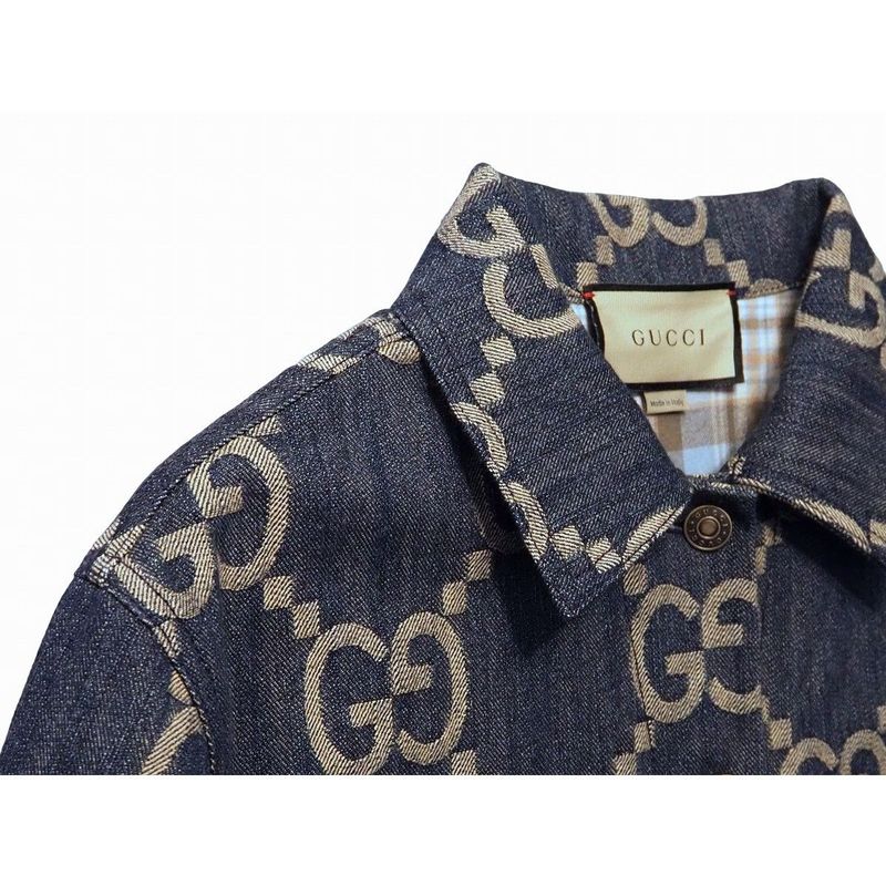 Gucci Jumbo GG Denim Jacket Outerwear Women's Blue Ivory Metal Button #36 Made