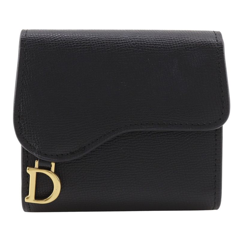 Dior Compact Wallet Calf Black Women's Trifold Wallet