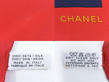 Authentic Chanel Bag Motif Scarf Shawl Bandana Silk Red Navy Multicolor