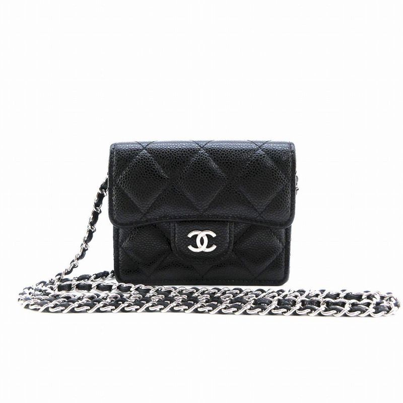 Chanel Chain Wallet Pouch Mini Matelasse Caviar Skin Black 30's Ladies Tnt