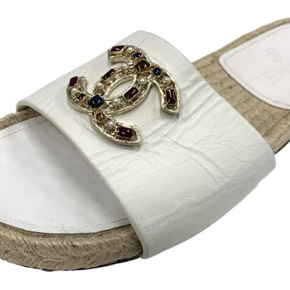 Chanel Sandals Shoes Leather White Gold Flat Sandals Coco Mark Colored Stone