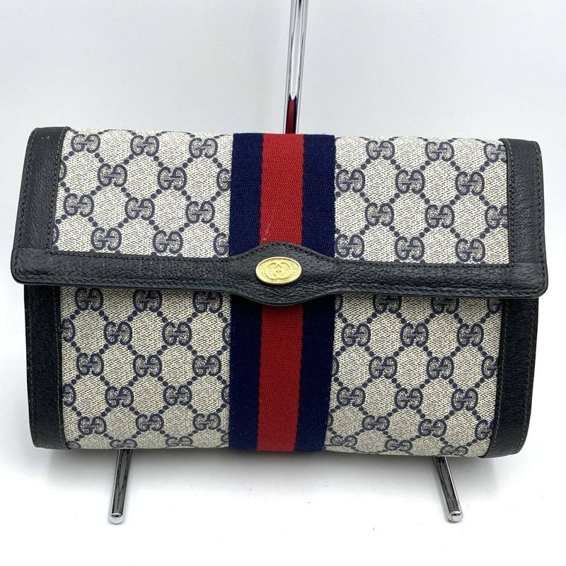 Gucci 001 019 Clutch Bag Second Bag Navy Sherry Line GG Supreme Canvas Leather