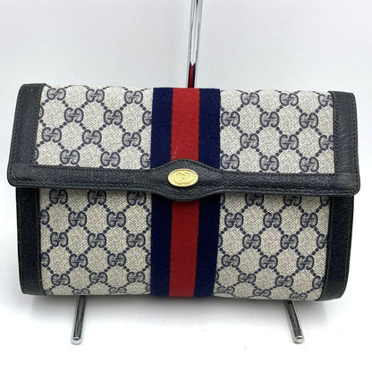 Gucci 001 019 Clutch Bag Second Bag Navy Sherry Line GG Supreme Canvas Leather