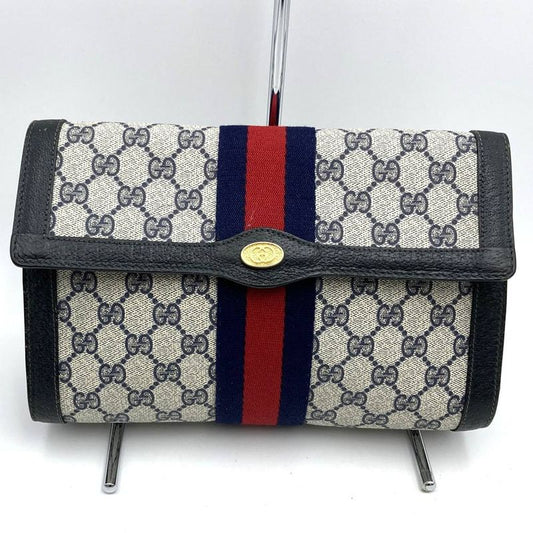 Gucci 001 019 Clutch Bag Second Bag Navy Sherry Line GG Supreme Canvas Leather