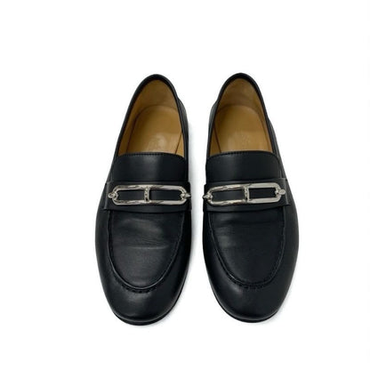 Hermes Colette Loafer Leather Shoes Black Silver Moccasin Flat