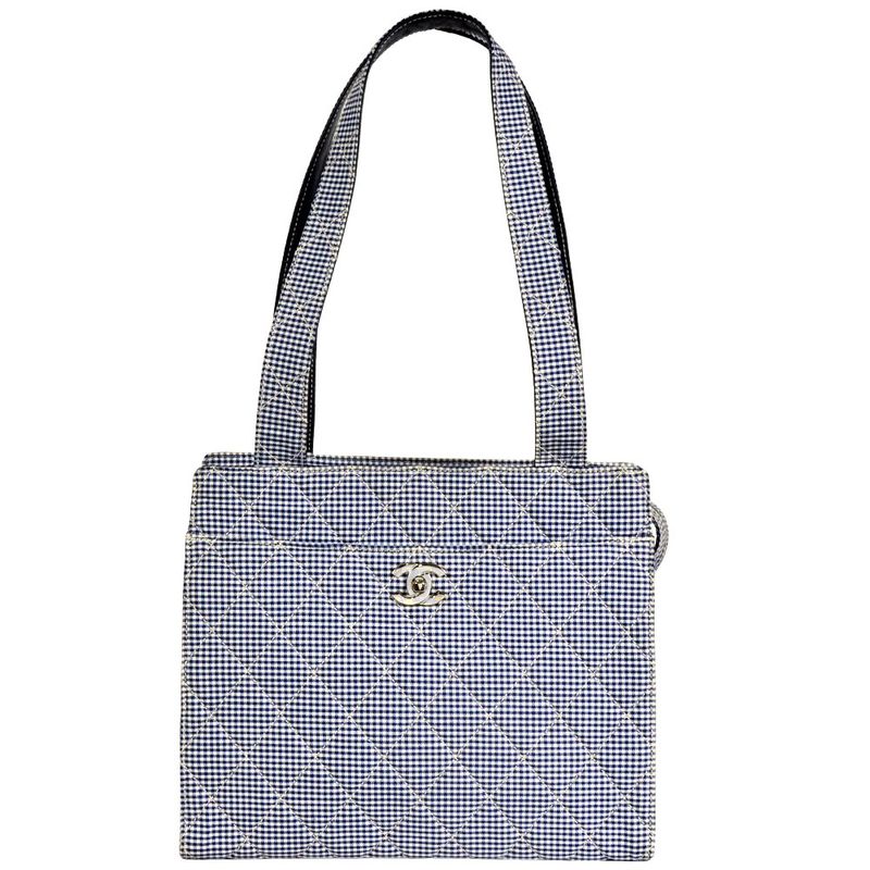 Chanel Coco Mark Matelasse Gingham Check Tote Bag Canvas Blue Silver Hardware