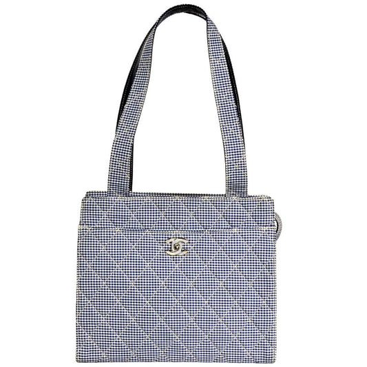 Chanel Coco Mark Matelasse Gingham Check Tote Bag Canvas Blue Silver Hardware