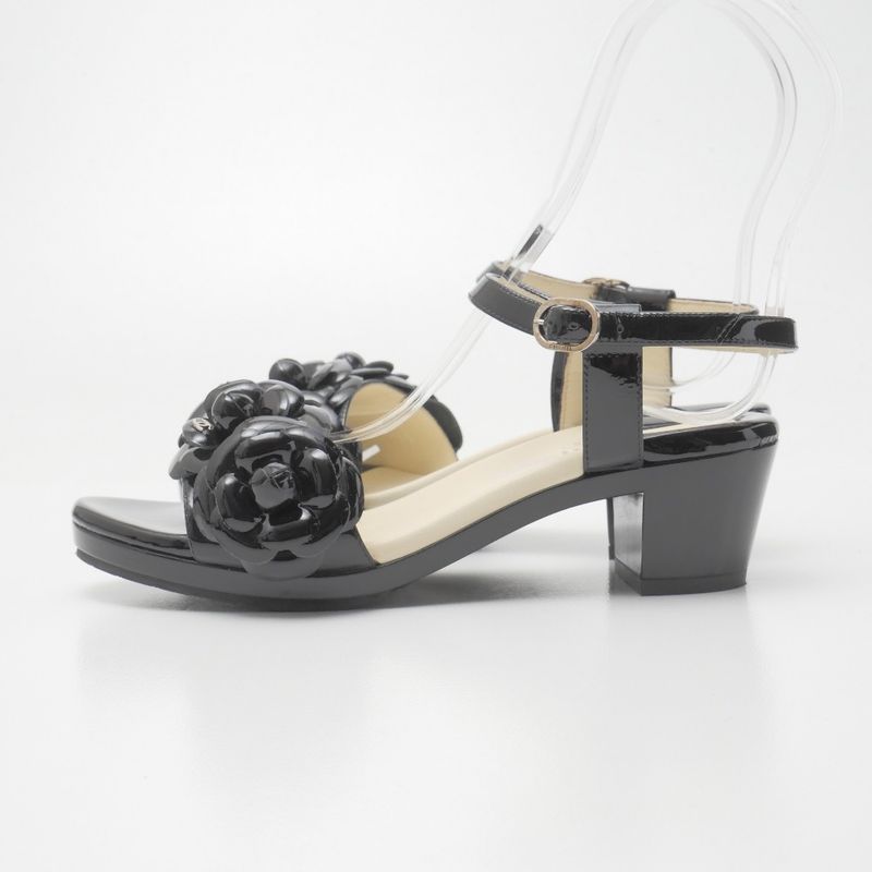 Chanel Sandals Size 35 Camellia CC Logo Coco Mark Patent Enamel Leather Ankle