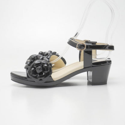 Chanel Sandals Size 35 Camellia CC Logo Coco Mark Patent Enamel Leather Ankle