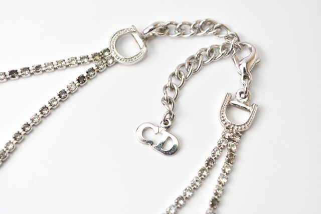 Christian Dior Necklace Vintage Double Chain Logo Rhinestone Silver