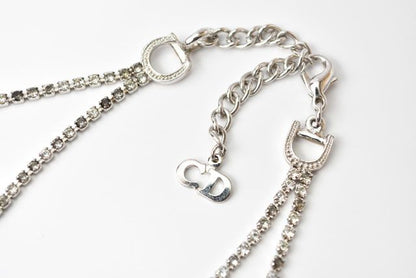 Christian Dior Necklace Vintage Double Chain Logo Rhinestone Silver