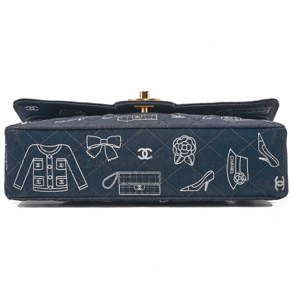 Chanel Matelasse W Flap 25 Icon Print Chain Shoulder Canvas Bicolor Black With