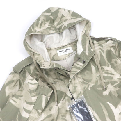 Saint Laurent Paris 2020 645595 Linen Blend Leaf Print Hooded Mod Coat