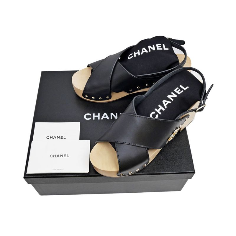 Chanel Wedge Sole Sandals Black Gdhardware G45389 Size 38C Shoes Women's