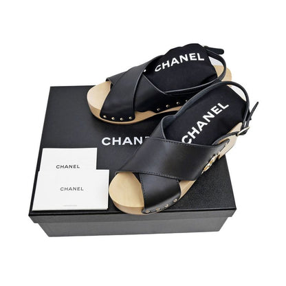 Chanel Wedge Sole Sandals Black Gdhardware G45389 Size 38C Shoes Women's