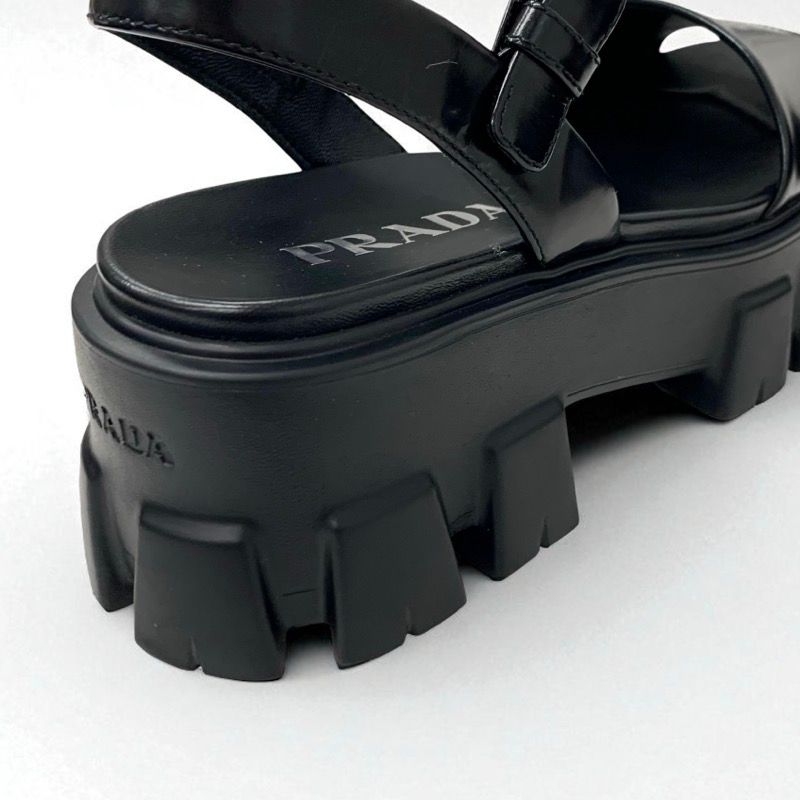 Prada Monolith Sandals Shoes Leather Black Logo Platform Strap