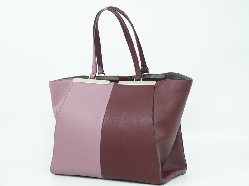 Authentic Fendi Trois Jour Bicolor Tote Handbag Leather Bordeaux Pink 8bh272