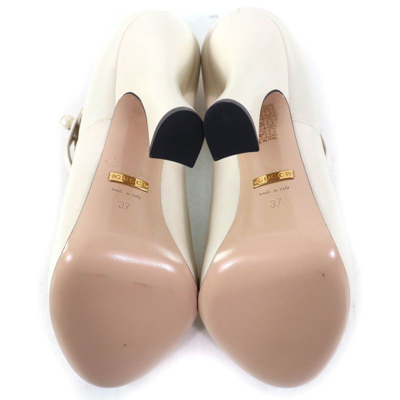 Gucci 447599 Leather Interlocking G Pearl Ankle Strap Round Toe Pumps Ivory 37