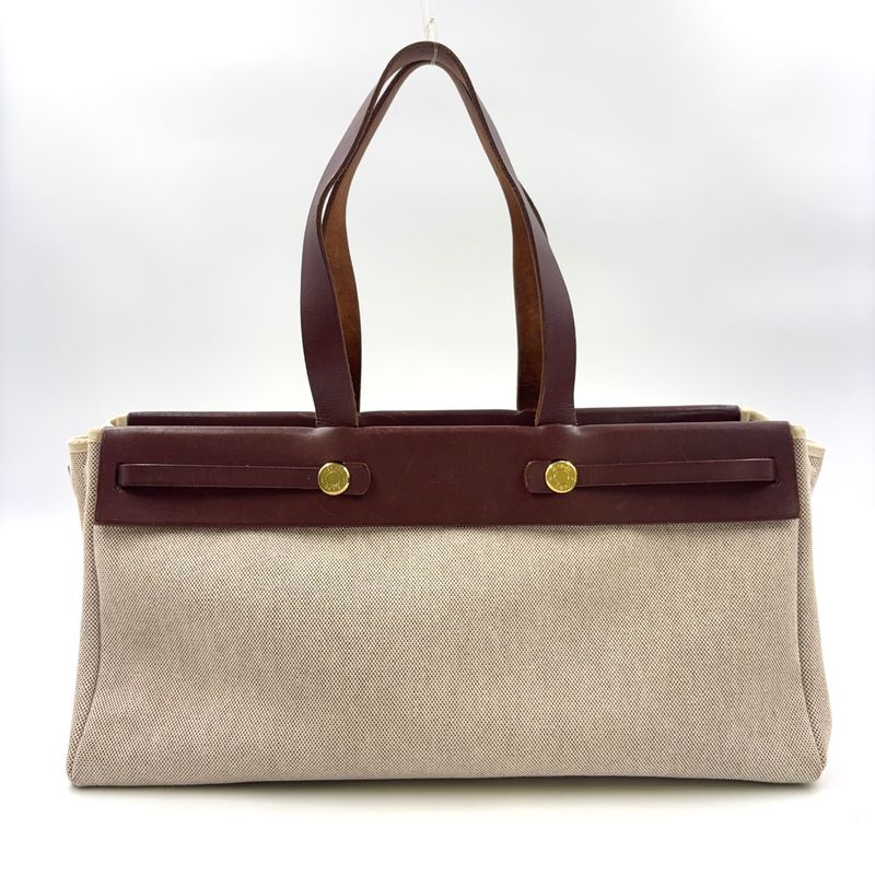 Hermes Herbag Cabas Su GM □F Engraved Leather × Canvas Brown Shoulder Bag Gold