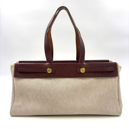 Hermes Herbag Cabas Su GM □F Engraved Leather × Canvas Brown Shoulder Bag Gold