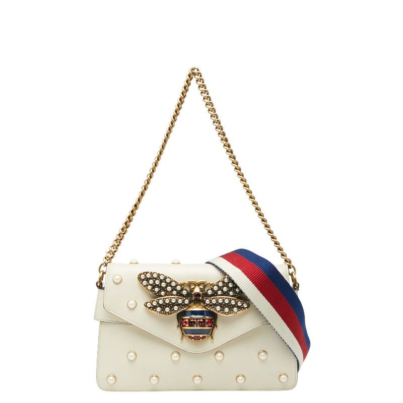 Gucci Broadway Pearl And Bee Chain Shoulder Bag 2WAY 453778 White Gold Leather
