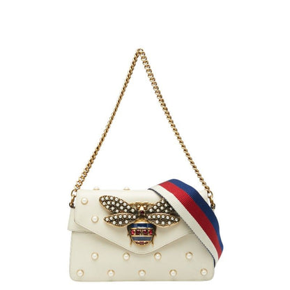 Gucci Broadway Pearl And Bee Chain Shoulder Bag 2WAY 453778 White Gold Leather