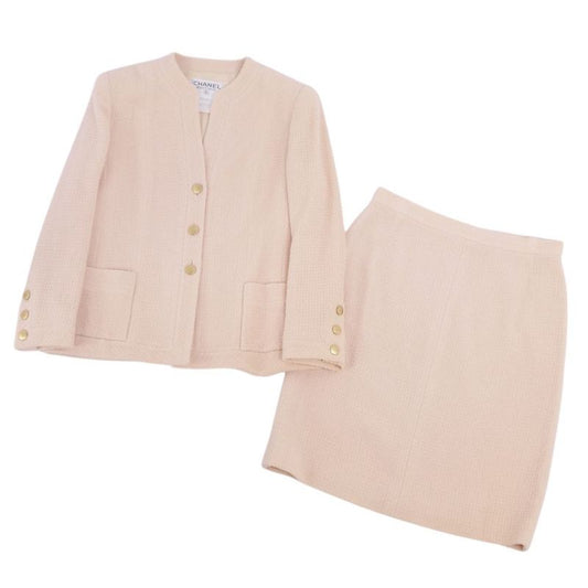 Vintage Chanel Setup 98P Skirt Suit Wool Tweed Coco Mark Button Jacket Skirt
