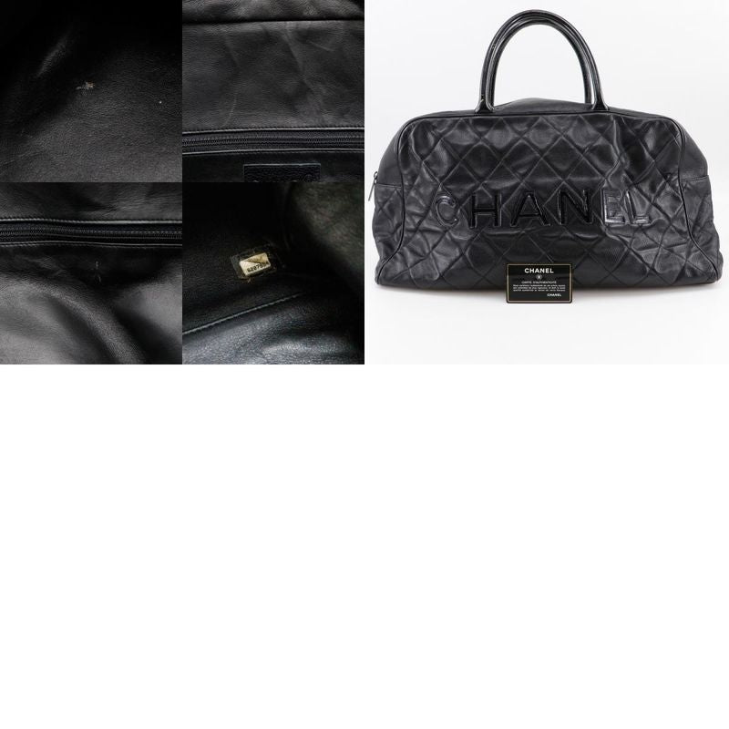 Chanel Matelasse Logo Caviar Skin And Enamel Black Women's Boston Bag