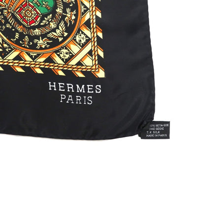 Hermes 90 Carre Scarf Coin Emblem Black Silk, All-Over Print