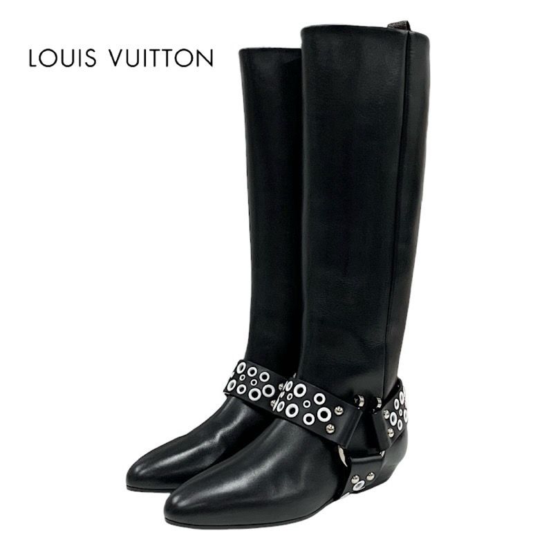 Louis Vuitton Rhapsody Line Monogram Boots Long Boots Shoes Leather Black White