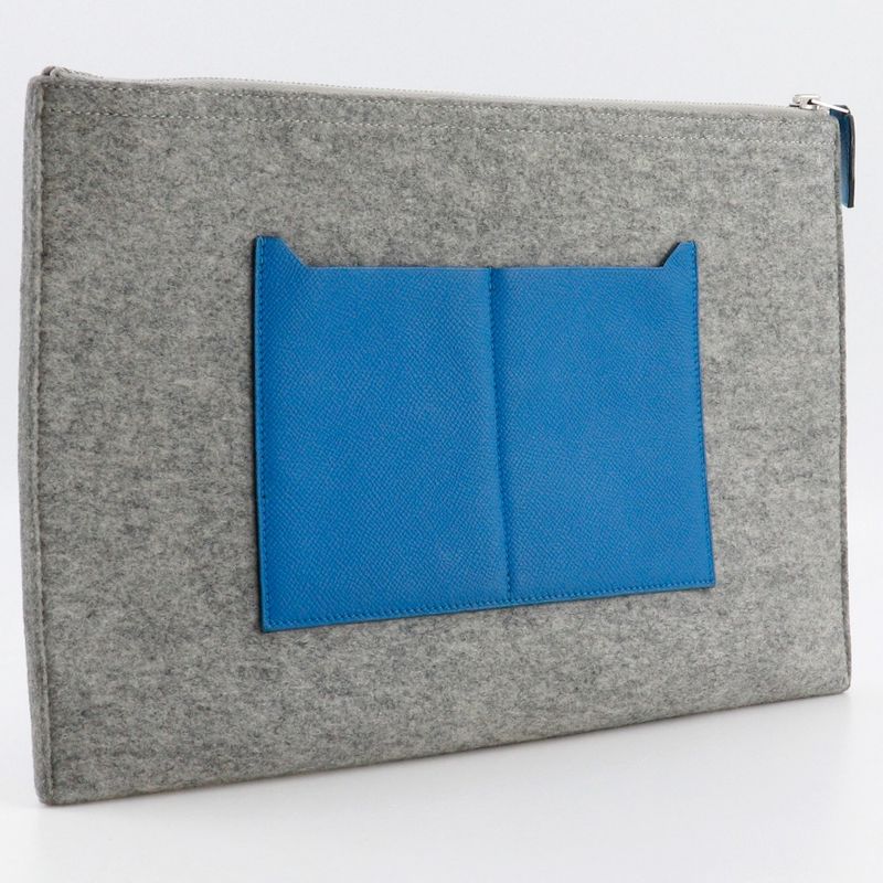 Hermes Toudou 37 Felt And Vaux Epson Blue Zanzibar Blue/gray A Unisex Clutch Bag