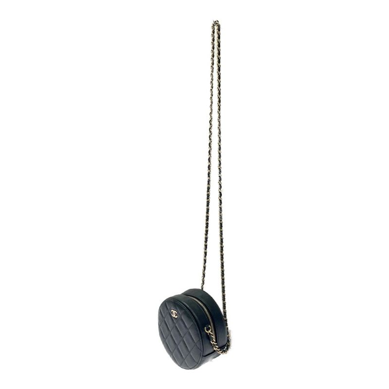 Chanel Matelasse Caviar Skin Coco Mark Round Chain Shoulder Bag Black 371277