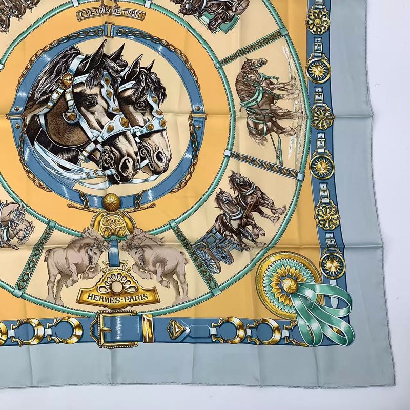 Hermes Carre 90 Chevaux DE Trait Cart Horse Silk Scarf Blue