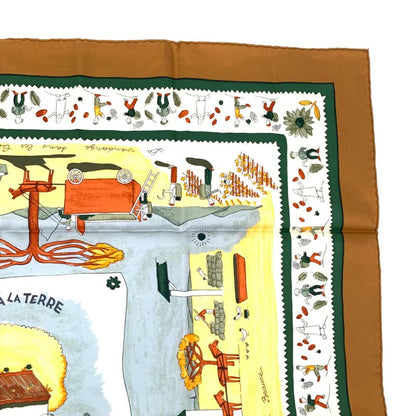 Color Hermes Carre 90 RE TOUR A LA Terre Homeward Silk Scarf Brown