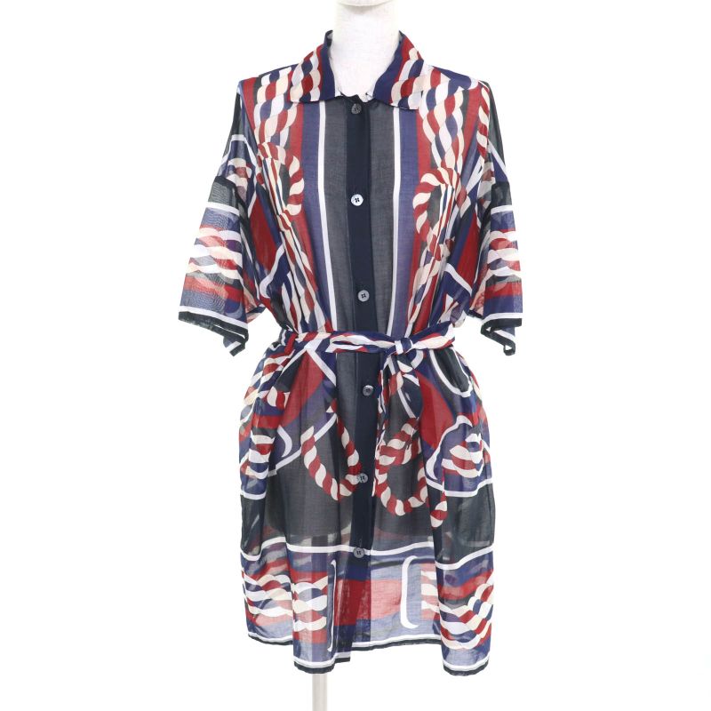 Hermes 23SS 3e3500de 100% Cotton Canoe Pareo Tunic Dress With Belt Multi 36