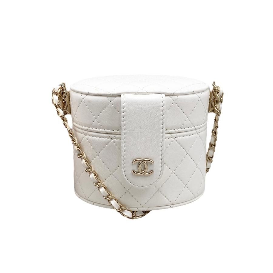 Chanel Shoulder Bag Vanity Mini Matelasse Lambskin Coco Mark Chain White Gold