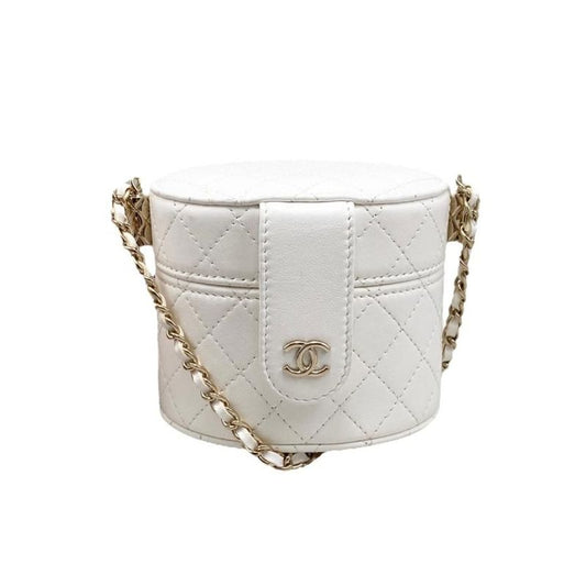 Chanel Shoulder Bag Vanity Mini Matelasse Lambskin Coco Mark Chain White Gold
