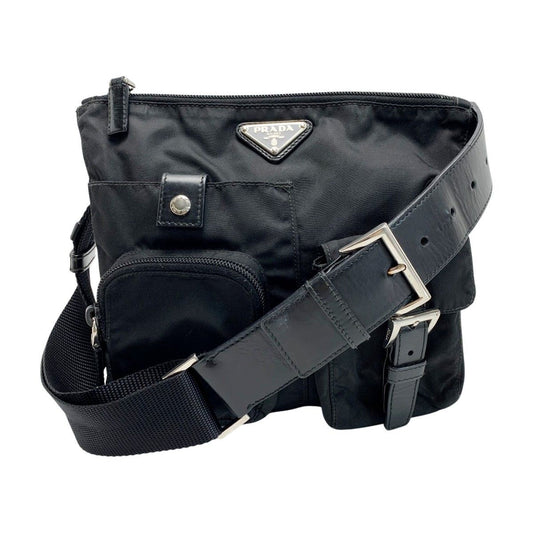 Prada Waist Bag Square Logo Plate Black Nylon