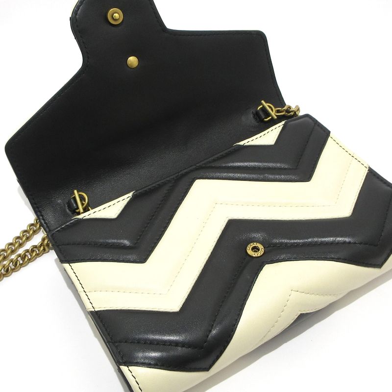 Gucci Wallet GG Marmont 474575 White And Black Chain Wallet Leather