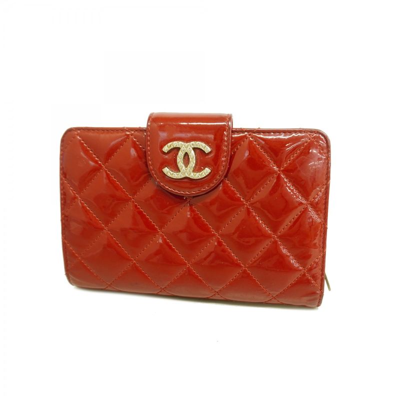 Chanel Wallet Matelasse Brilliant Patent Leather Red Silver Hardware Women