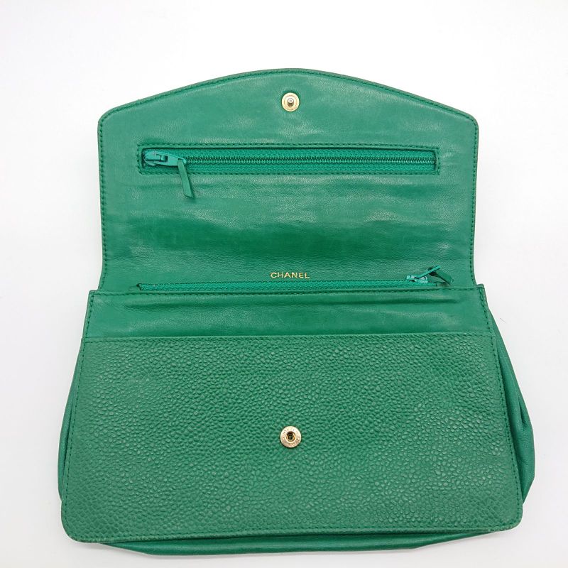 Vintage Chanel Pouch Caviar Skin Green Coco Mark With Sticker