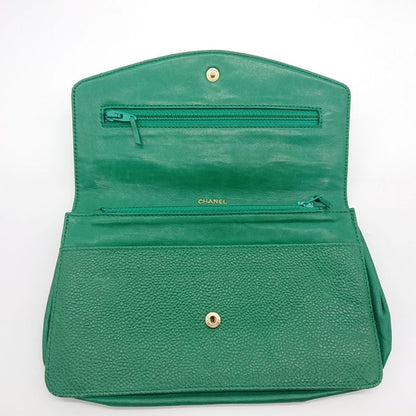 Vintage Chanel Pouch Caviar Skin Green Coco Mark With Sticker