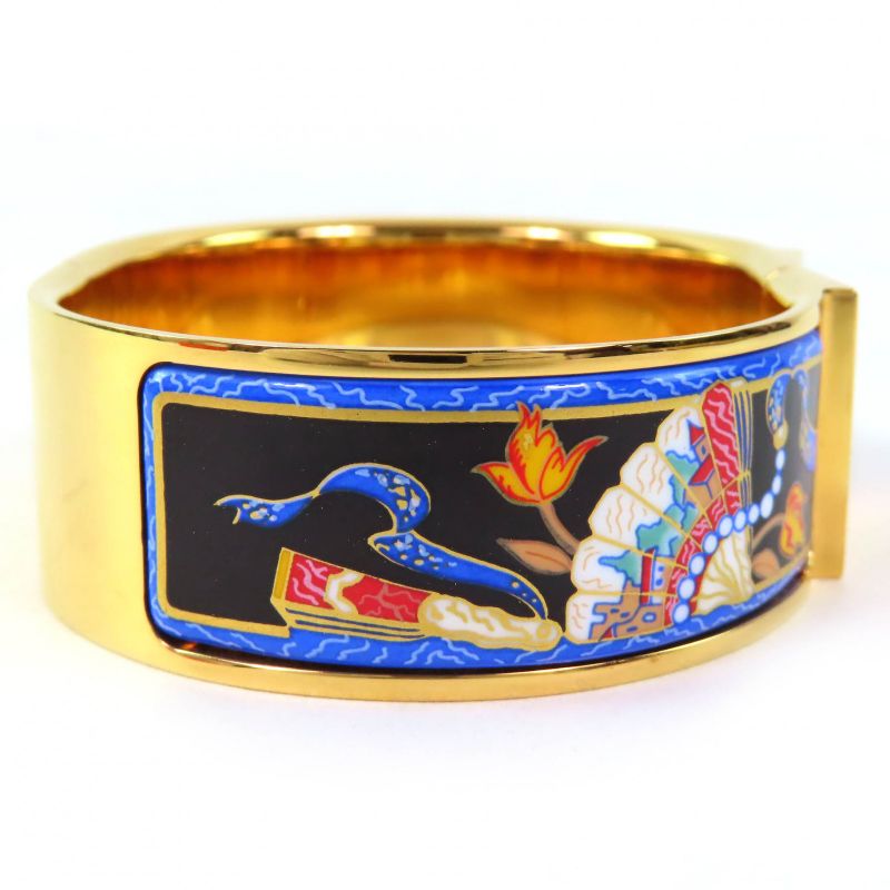 Hermes Roque Emile GM Fan Pattern Cloisonne Bangle Bracelet Accessory Gold