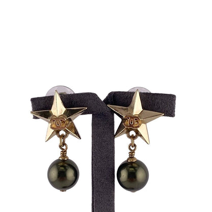 Chanel A17c Coco Mark Star Pearl Earrings Brand Jewelry Accessories Gold Ladies