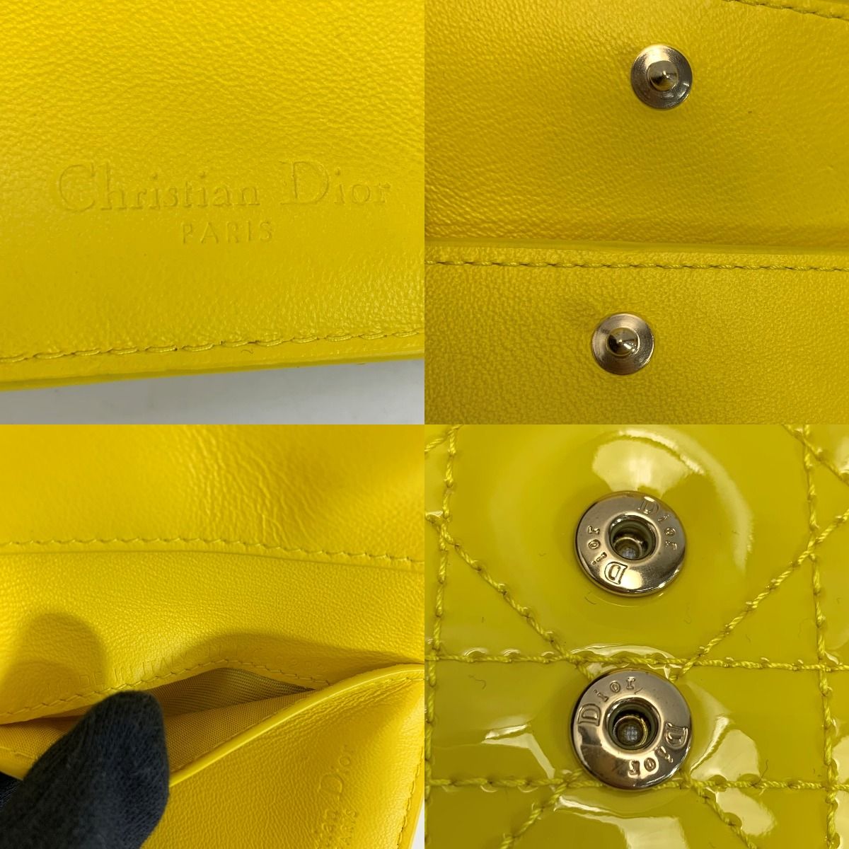 Christian Dior Patent Leather Cannage Charm Yellow Trifold Wallet
