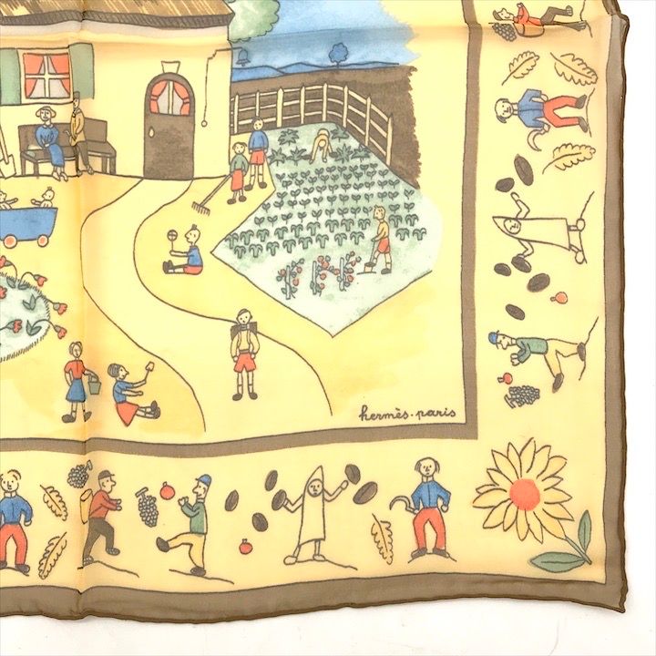 Hermes Petit Carre 40 Retour Ala Terre Return to Silk Yellow Scarf