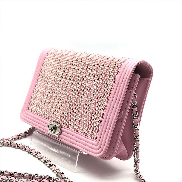Chanel CC Logo Line Stone Chain Wallet Shoulder Bag Pink
